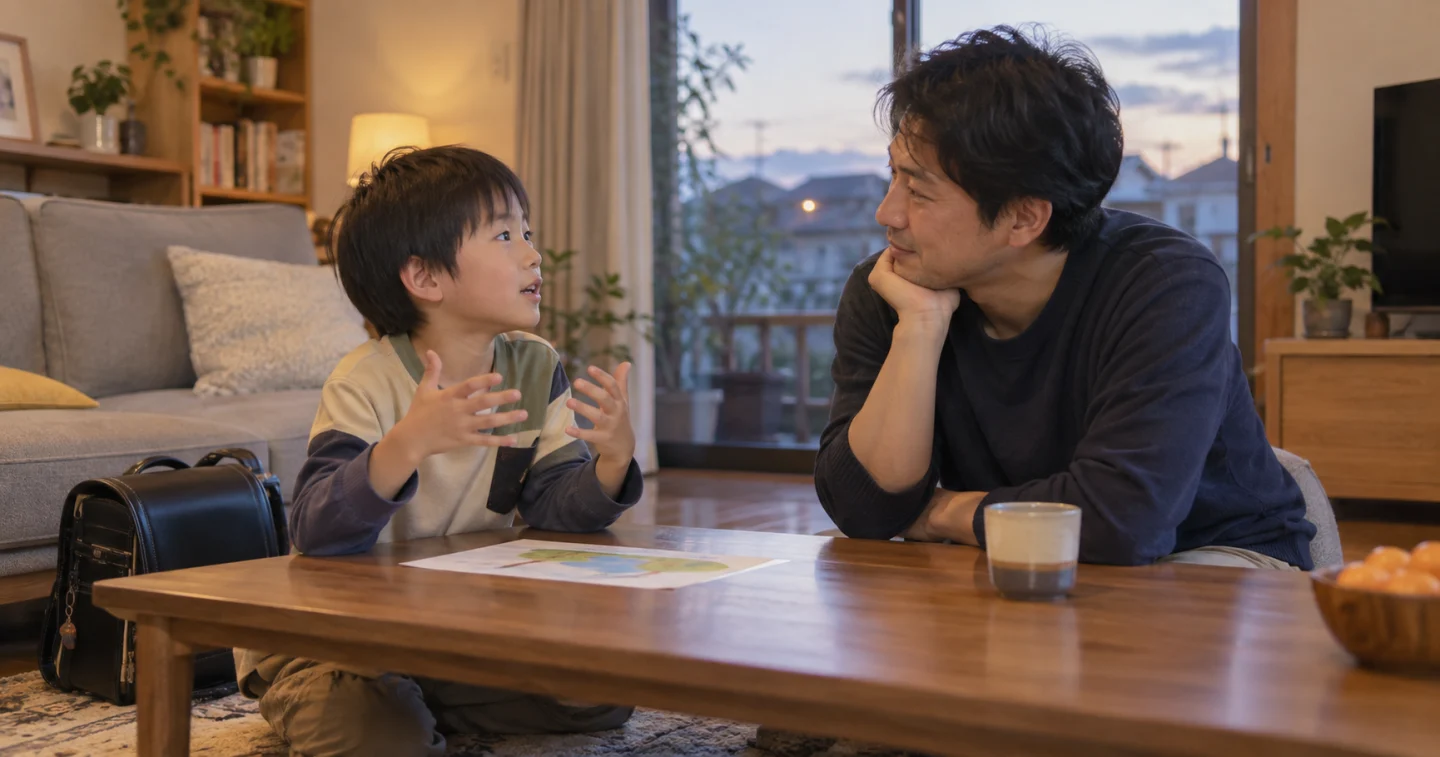 帰宅後のリビングで、身ぶりを交えて話す小学生の言葉を父親が穏やかに聞いている様子