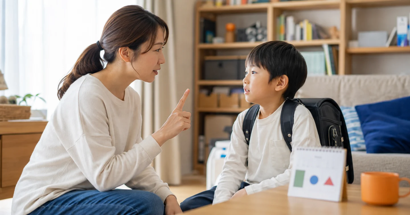 家庭のリビングで、小学生の目線に合わせて一つの予定を穏やかに伝える母親