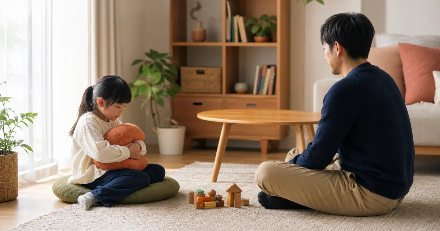 クッションを抱えて気持ちを整える子どもと、距離を保ちながら待つ保護者