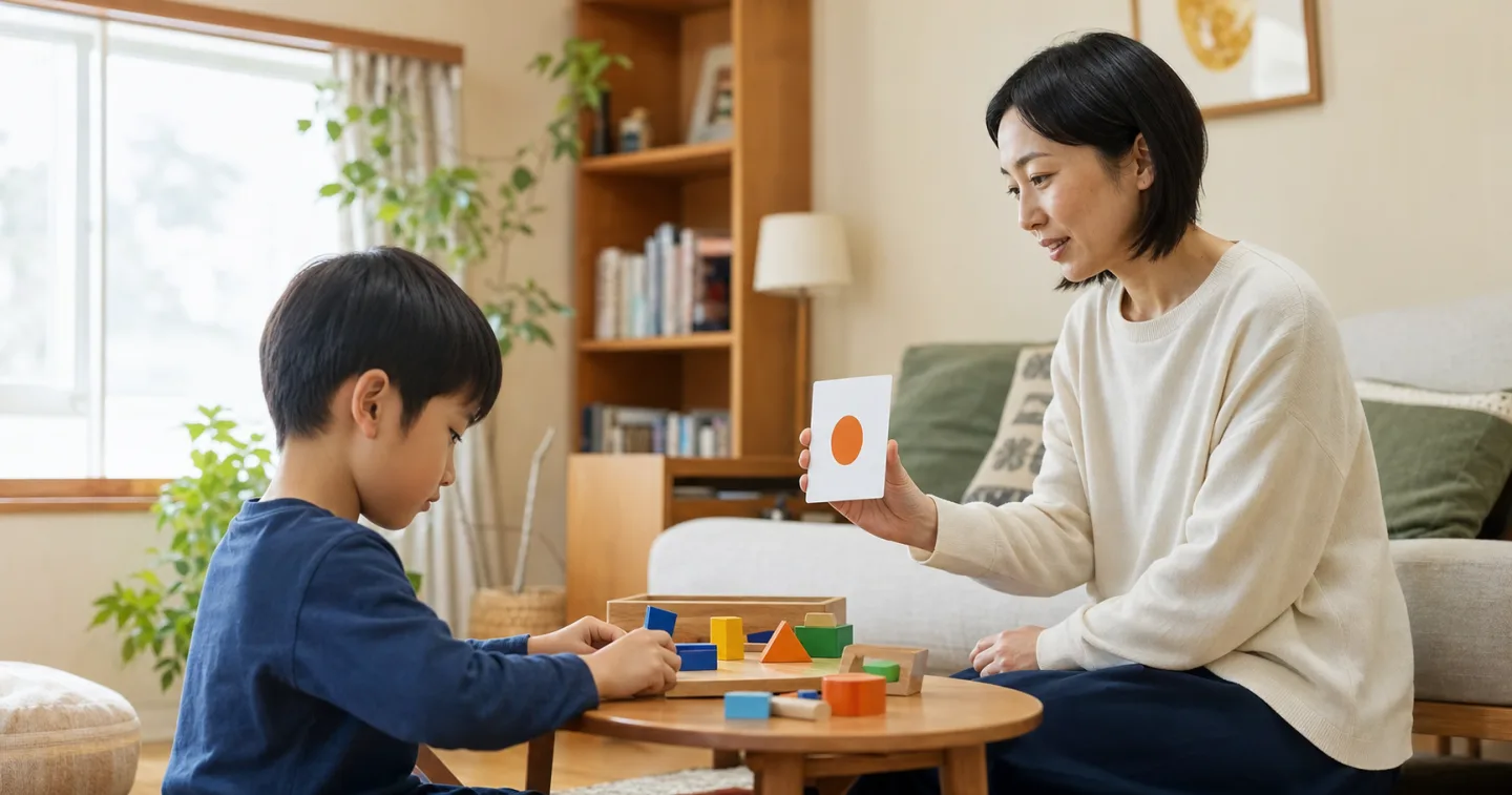 積み木に取り組む子どものそばで、視覚的な手がかりを穏やかに示す保護者