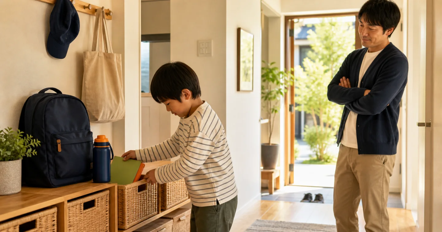 家庭の玄関で、決めたかごへ学校の連絡用ファイルを入れる小学生を見守る父親