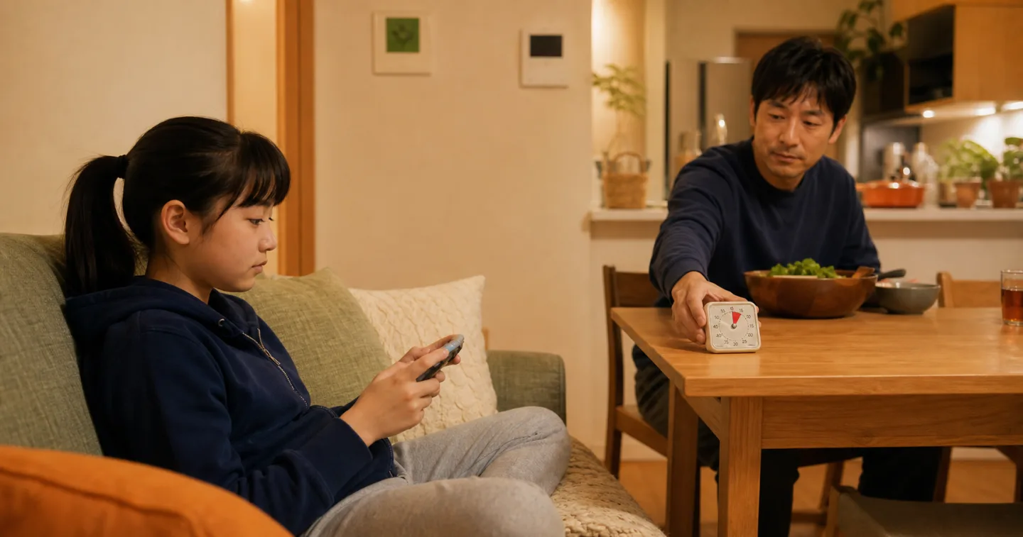 ゲームをする子どもから見える場所へ、終了時刻を示すタイマーを置く保護者