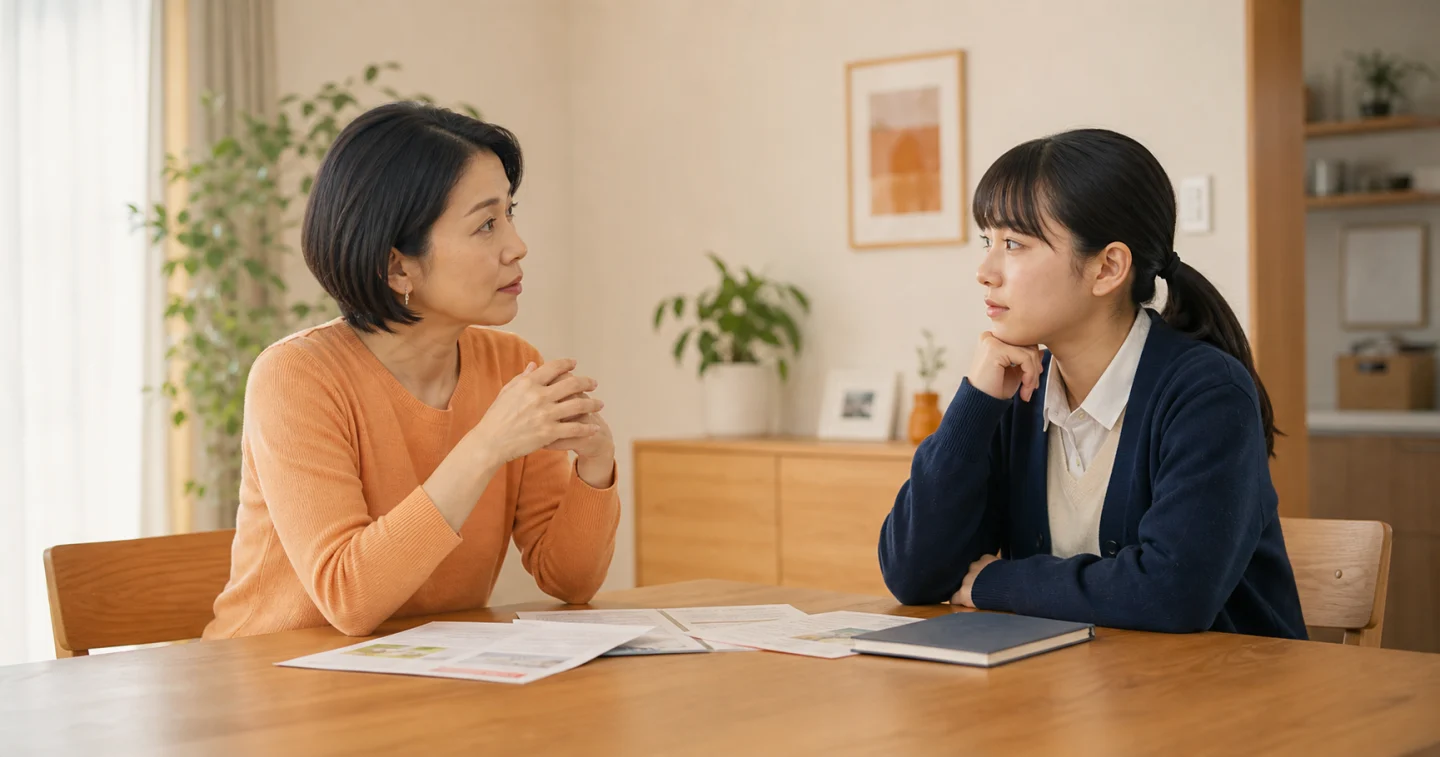 進路資料を置いた家庭のテーブルで、落ち着いて話し合う高校生と保護者