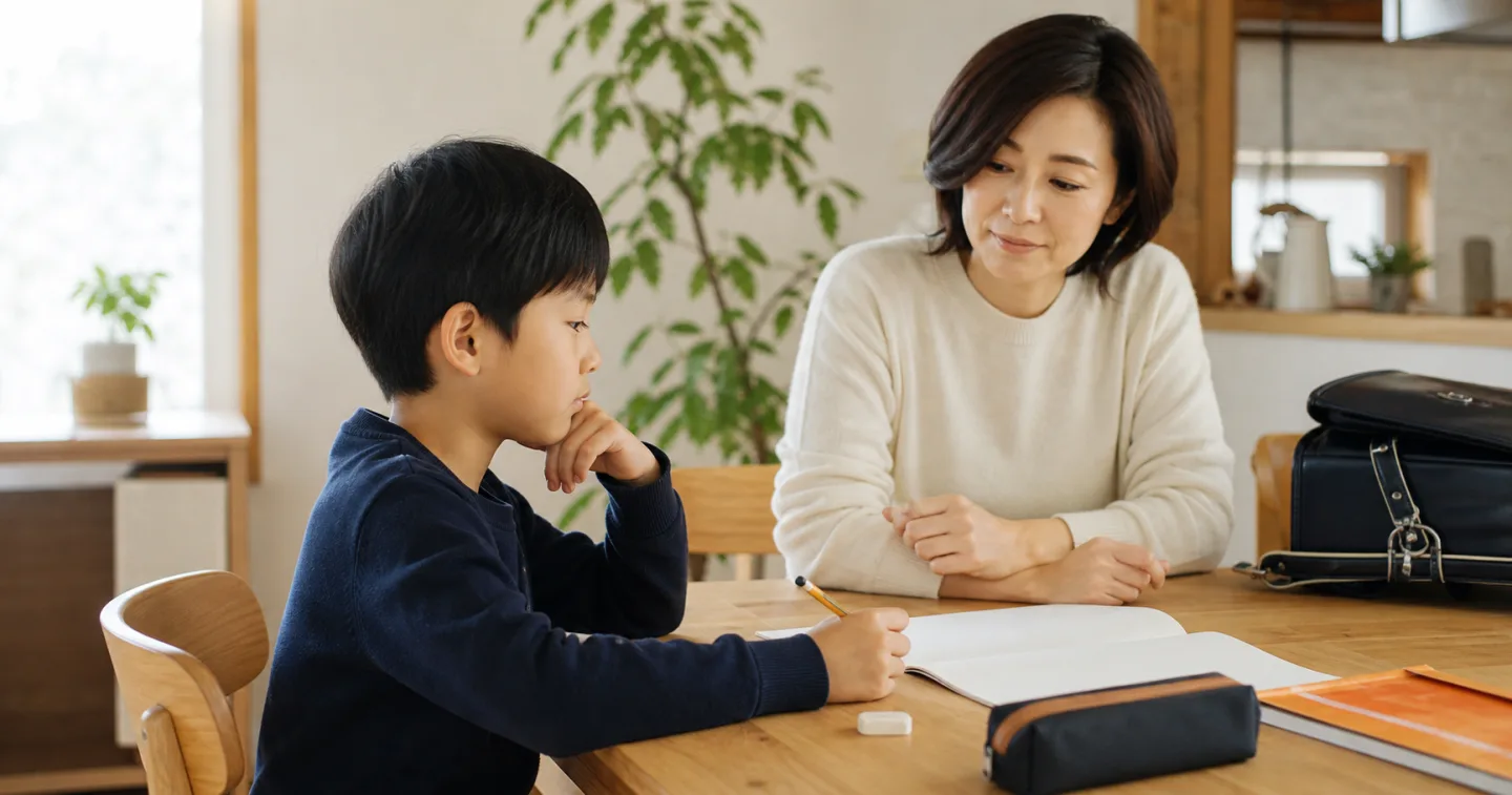 家庭のテーブルで、宿題のノートを前に考える子どもを落ち着いて見守る保護者