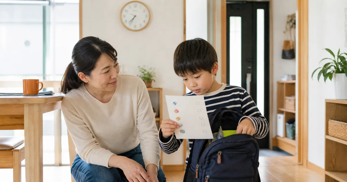 家庭の朝、支度のチェック表を見ながらランドセルへ持ち物を入れる小学生を穏やかに見守る保護者