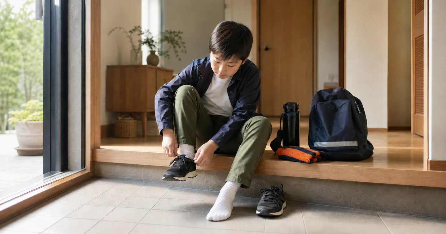 玄関で出かける準備を一つずつ進めながら、靴ひもを結ぶ子ども
