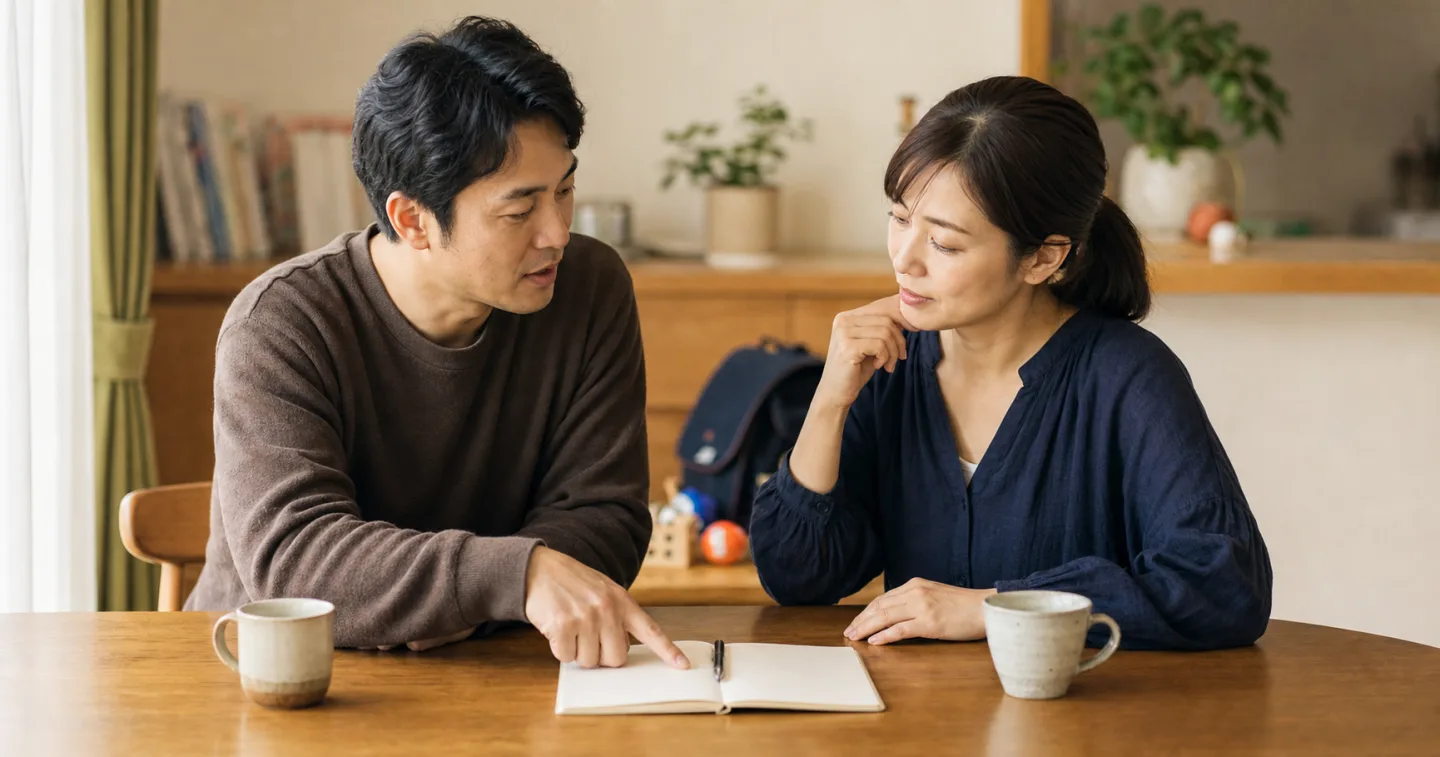 家庭のテーブルでノートを開き、子育てについて落ち着いて話し合う夫婦