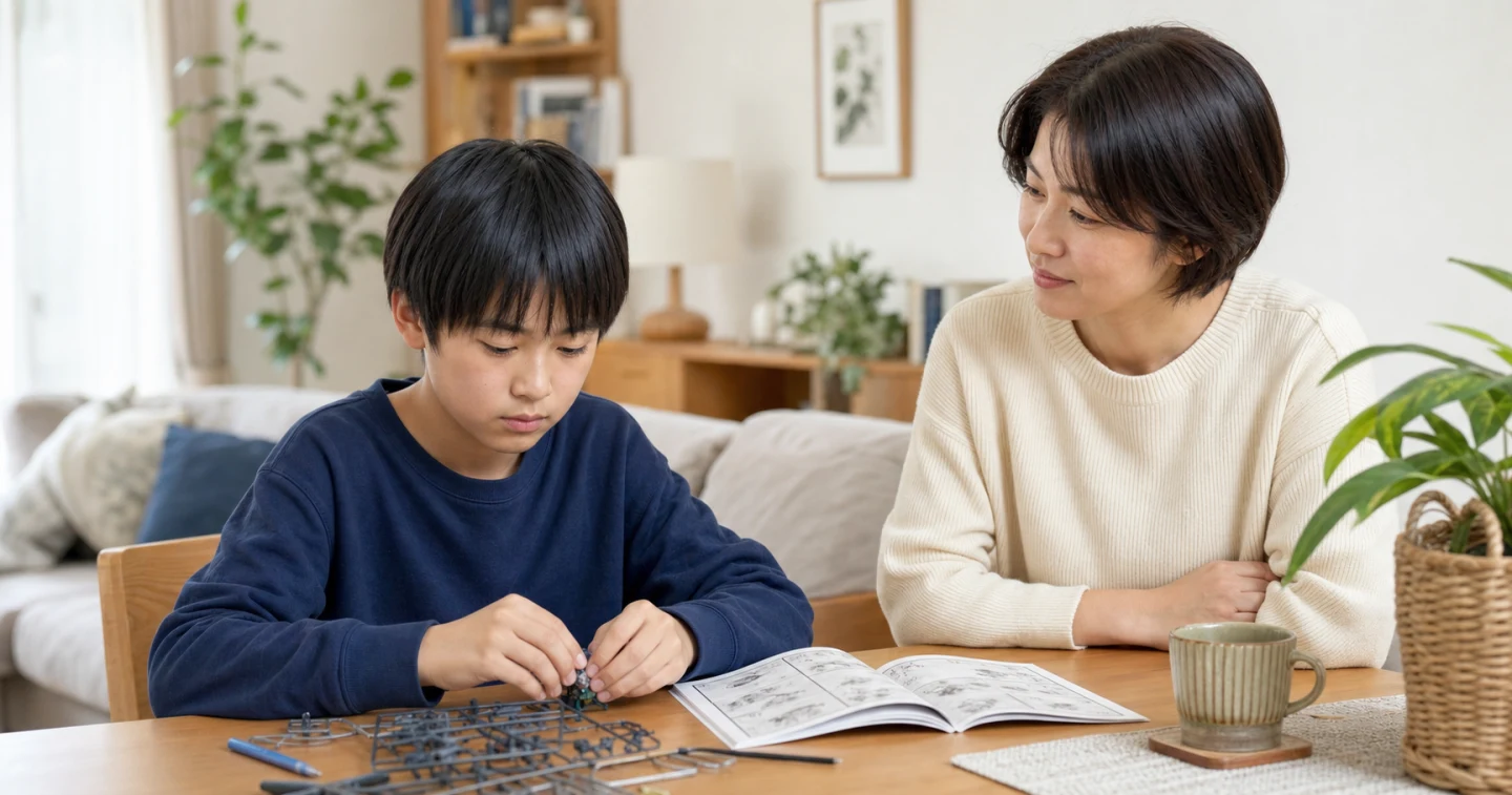 家庭のテーブルで工作を続ける子どもの様子を、少し離れて穏やかに見守る保護者