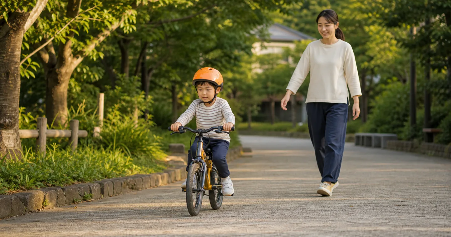 ヘルメットを着けて自転車に挑戦する子どもを、少し後ろから見守る保護者
