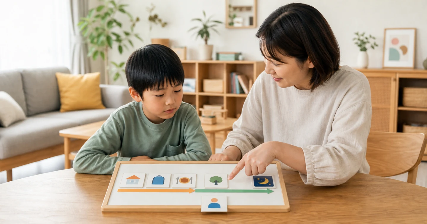 家庭のテーブルで、絵の予定ボードを一緒に確認する小学生と保護者