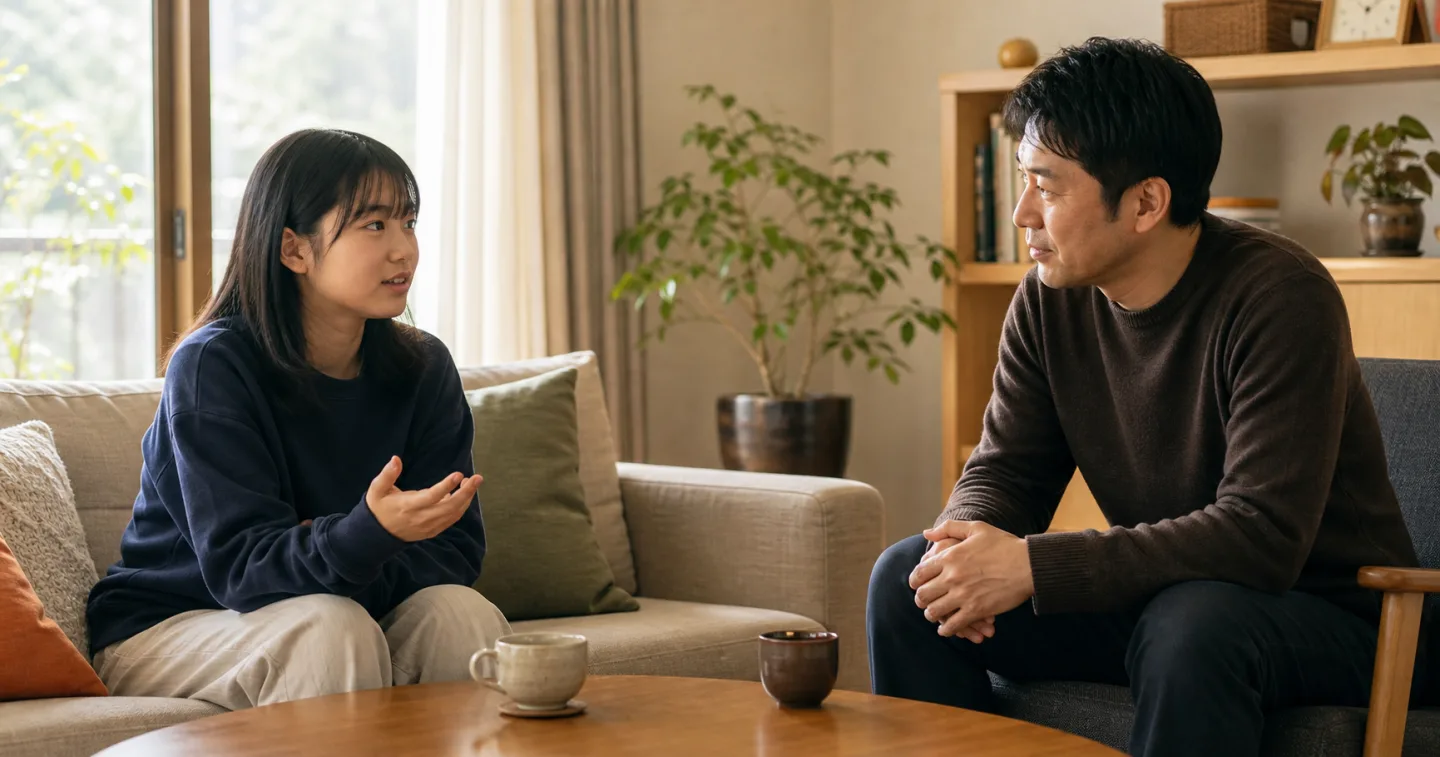 リビングで自分の考えを話す子どもと、身体を向けて丁寧に聞く保護者