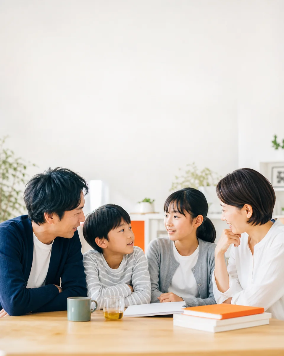 家庭のテーブルで、母親と父親が子どもたちの話を聞いている様子