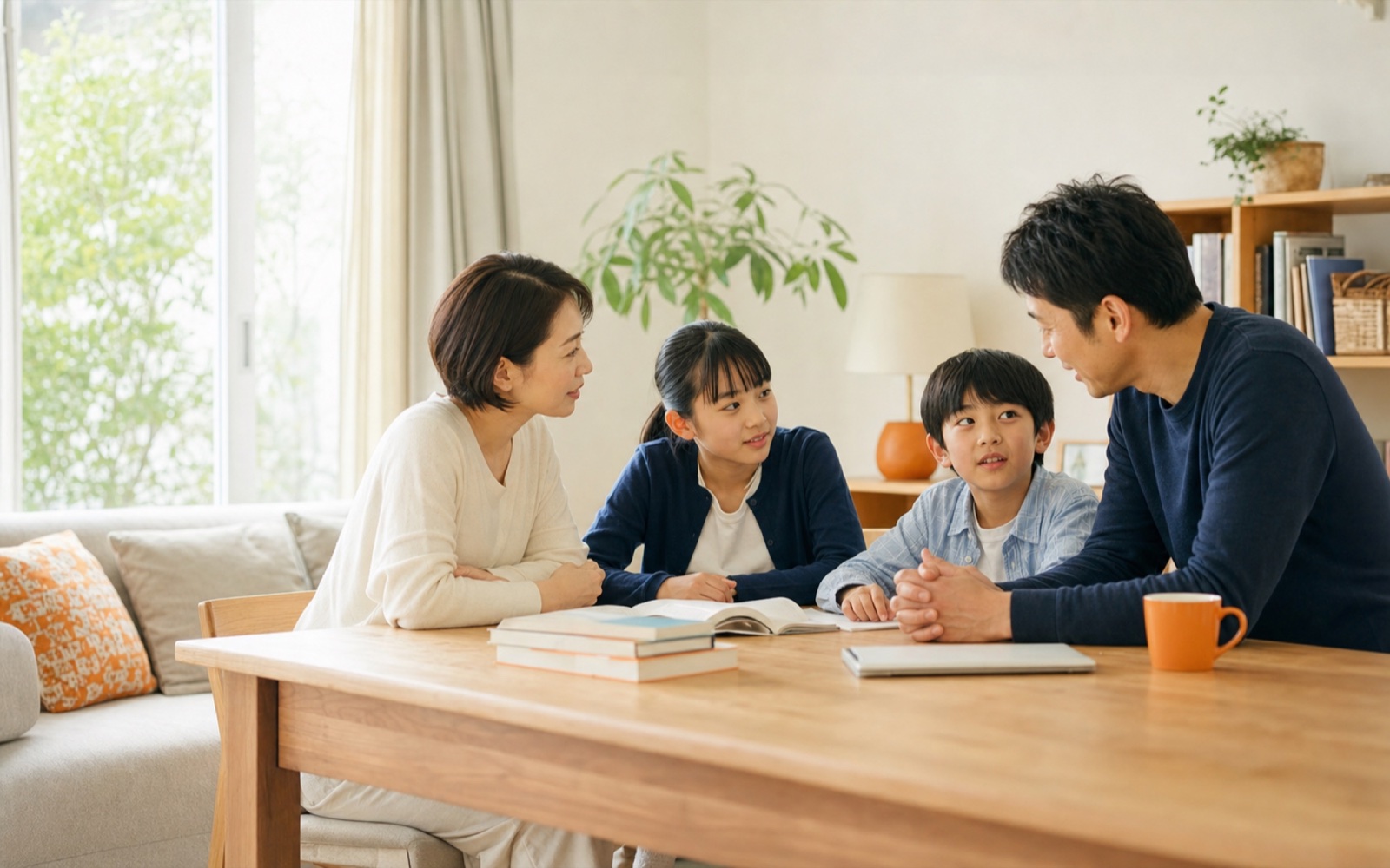 家庭のテーブルで、母親と父親が子どもたちの話を聞いている様子